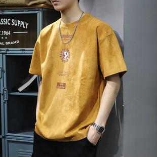 香港潮牌夏季美式麂皮绒短袖男T恤重磅宽松大码潮流圆领垂感半袖