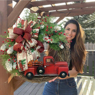 亚马逊跨境红色卡车圣诞花环彩色织带仿真红果农舍田园花圈装饰
