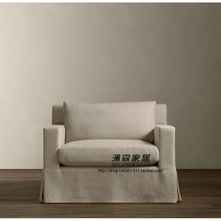 美式法式复古羽绒沙发亚麻布艺沙发单人沙发可拆洗布艺沙发