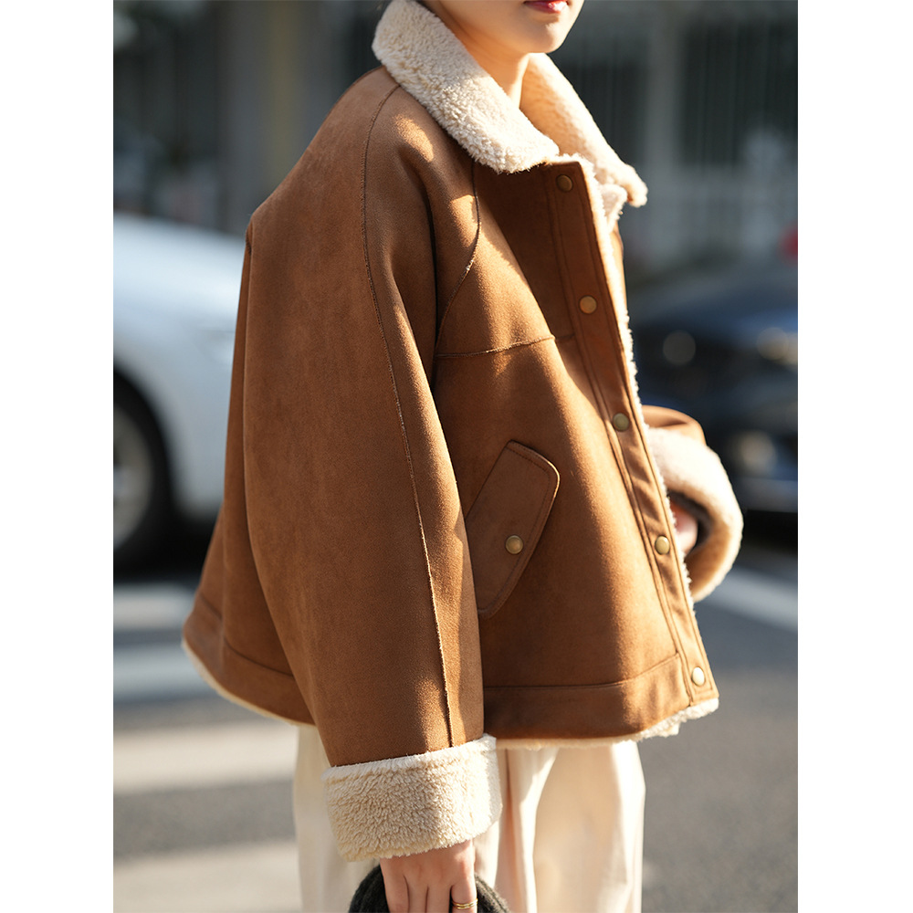 言双皮毛一体麂皮绒外套女冬季仿羊羔毛短款加厚机车服夹克h1123