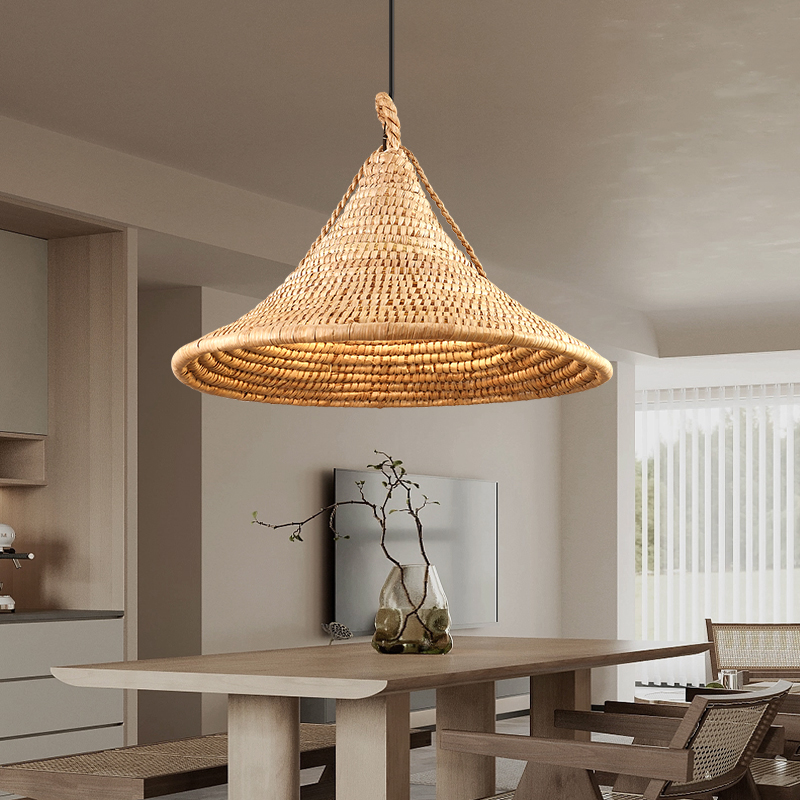 日式吊灯侘寂风复式设计创意个性卧室客厅餐厅灯楼梯草编草帽灯具