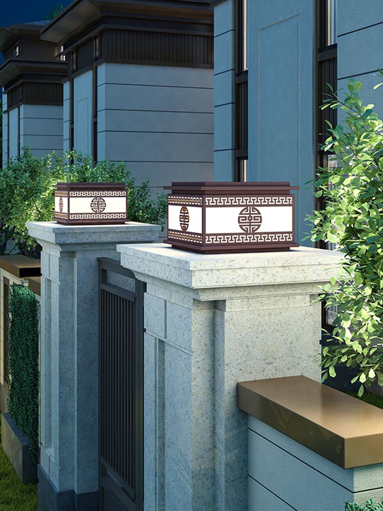 现代中式太阳能柱头灯户外防水围挡别墅庭院室外围墙大门柱墙头灯