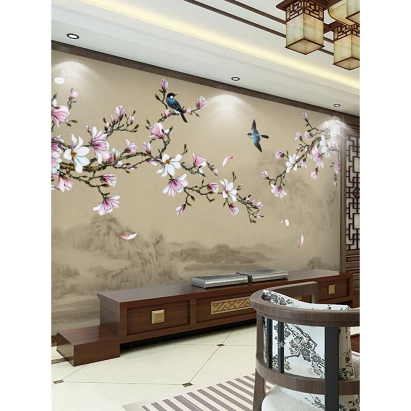 新中式电视背景墙壁纸卧室无缝墙纸花鸟定制立体壁画客厅影视墙布