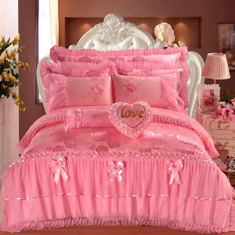 欧式蕾丝刺绣花婚庆四件套大红粉色公主床盖六八件套1.8床上用品
