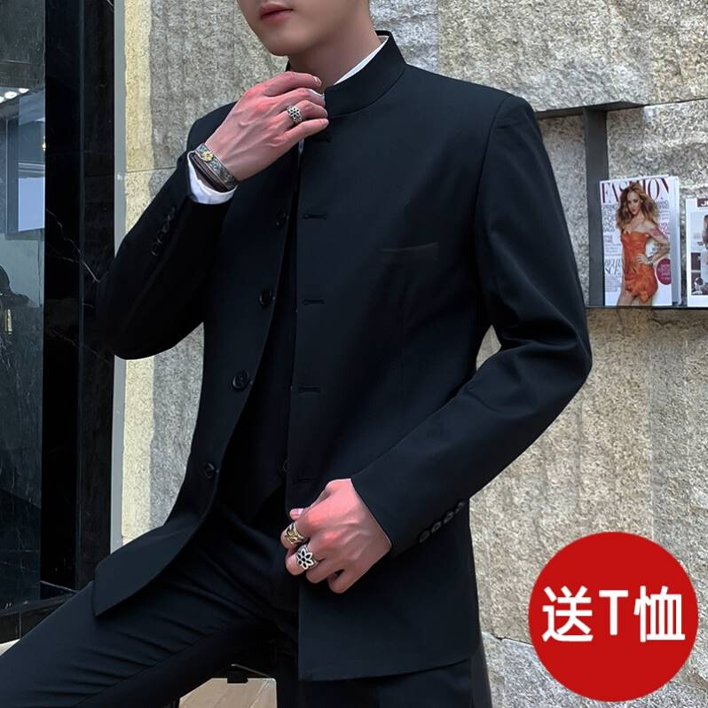 新中式男装中国风男唐装年轻人改良中山装男青年痞帅套装外套国潮