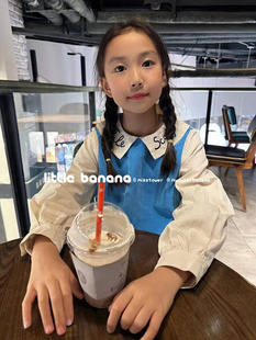韩国韩系童装女童儿童春秋款气质条绒翻领学院长袖拼接中长连衣裙