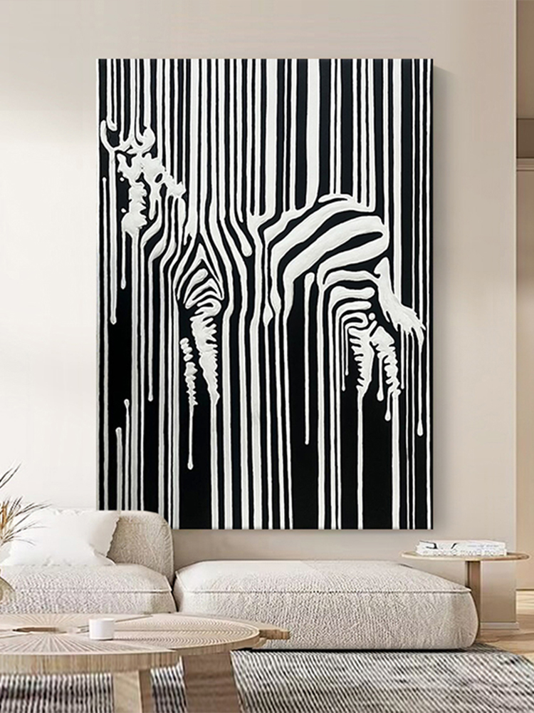 创意黑白斑马纯手绘油画抽象客厅装饰画意式极简玄关肌理艺术挂画