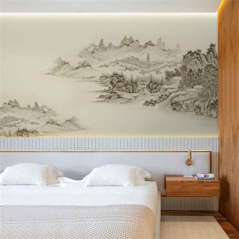 古风新中式手绘山水阁楼墙纸别墅卧室沙发背景墙画定制无纺布壁纸