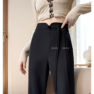 春装女2024年新款黑色直筒西装裤高级感垂感小个子开叉喇叭裤子.