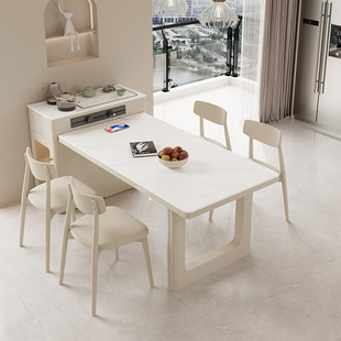 新品奶油风岛台岩板餐桌茶台一体小户型可伸缩家用餐桌现代简约经