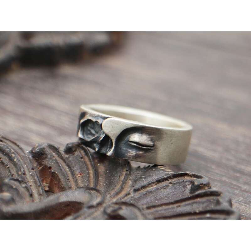 铁头的店 DUAL FLOWS风格日式复古阴阳戒指 半人半骷髅纯银指环