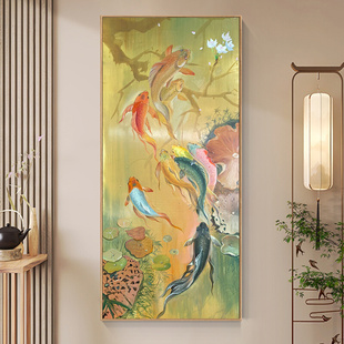 新中式聚财九鱼图纯手绘油画客厅抽象锦鲤装饰画入户玄关挂画