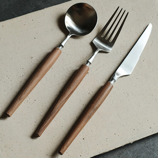 柚木手工木质勺子家用喝汤筷子叉子勺子套装不锈钢长柄日式