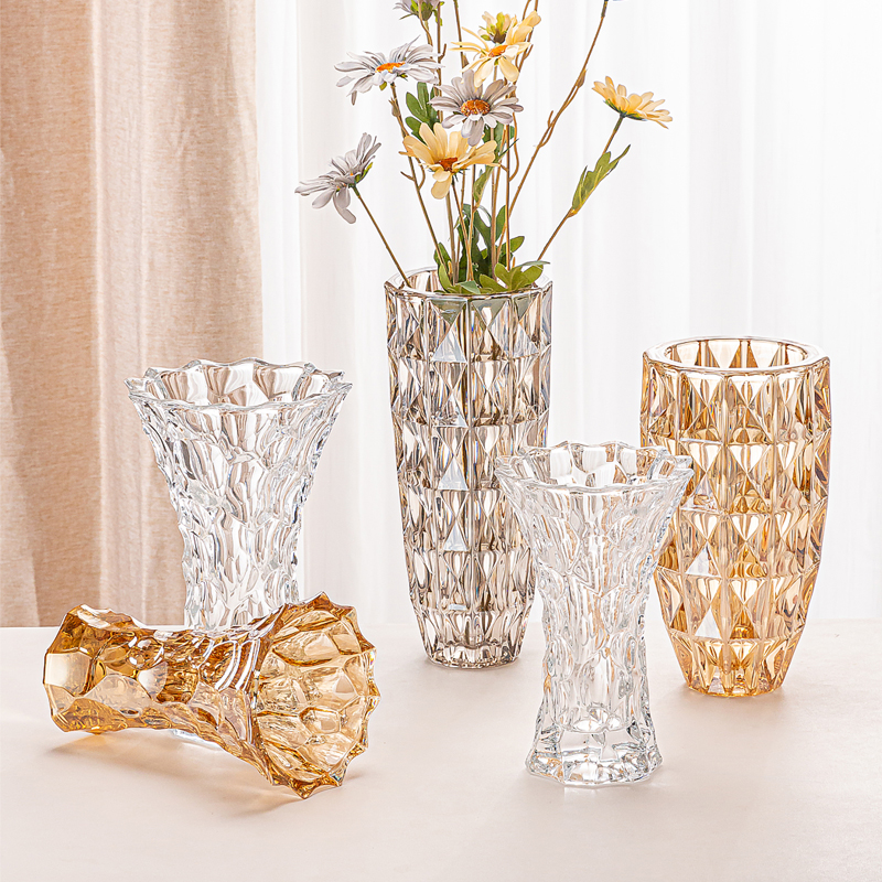弗莱文茨加厚菱形水晶玻璃花瓶透明插花摆件时尚花瓶富贵竹花瓶