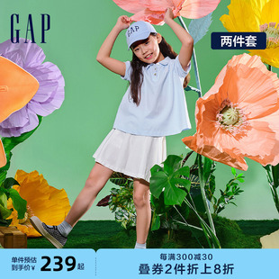 Gap女童2024夏季新款polo领短袖T恤百褶短裙儿童装运动套装890408