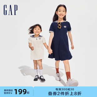 Gap女童2024春夏新款柔软透气水手领短袖连衣裙儿童装长裙890492