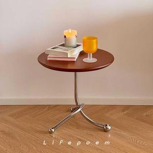 Lifepoem复古实木圆形茶几樱桃木迷你简约小户型不锈钢床头桌边几