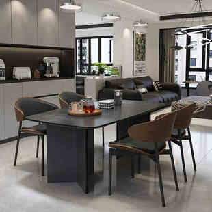 意式极简黑色岩板餐桌椅组合现代简约小户型家用餐厅长方形悬浮桌