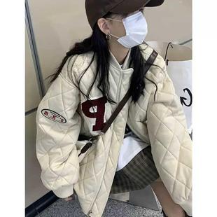 胖妹妹秋冬季菱格长袖加厚棉服棒球服外套女2024新款宽松夹克上衣