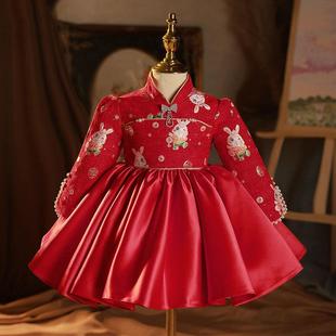 中式周岁礼服女宝宝春季女童婴儿抓周唐装拜年旗袍高端花童公主裙