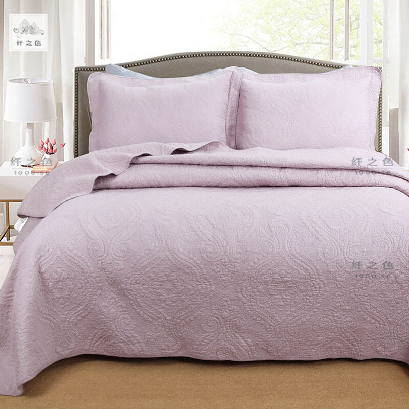 欧式纯色绗缝绣花床盖粉紫薄被双人三件套衍缝被榻榻米床单纤之色