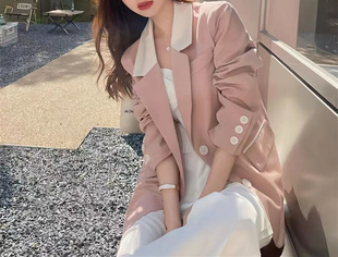 韩版粉色撞色拼接小西装外套女秋2023新款高级感宽松显瘦休闲西服