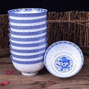 景德镇高档青花瓷碗陶瓷饭碗中式复古老式怀旧家用套装10个玲珑碗