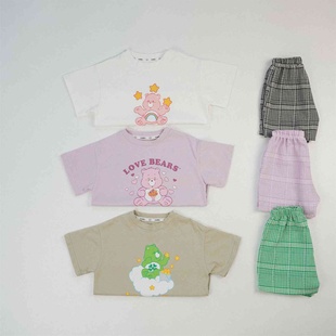 男女宝宝夏季薄款棉质格子套装中小童短袖小熊印花T恤裤子两件套