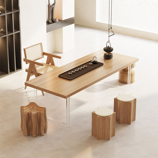 侘寂风实木茶桌椅组合新中式大板茶台办公室禅意家用黑色泡茶室
