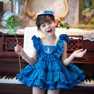 夏季女童公主裙西班牙童装连衣裙儿童无袖礼服裙蓝色洛丽塔蛋糕裙