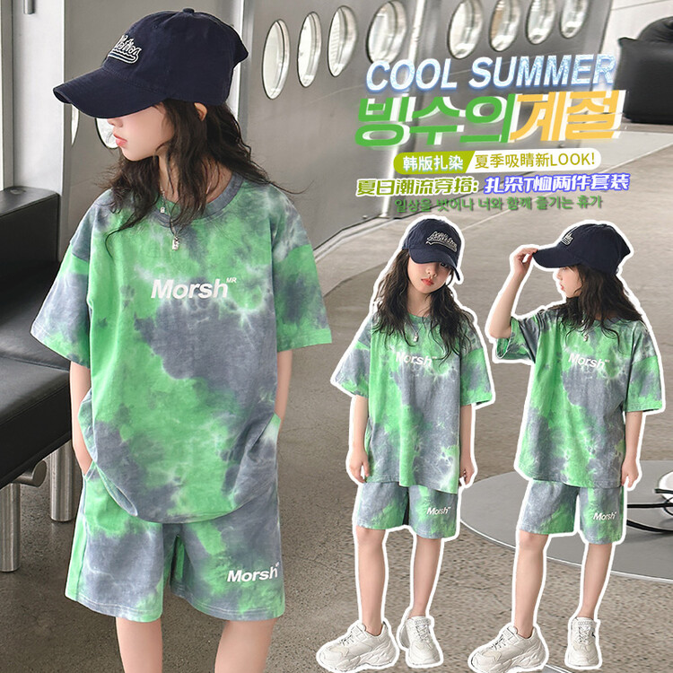 卖火柴的小女孩童装2024年夏装新款韩版潮流扎染短袖短裤两件套装