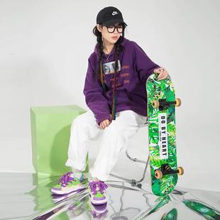 顽刻ollieskate冷粘面包鞋翻毛皮绿紫撞色拼接秋冬BAKE男女滑板鞋