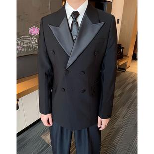 LUOKA 黑色双排扣西装男2024秋冬新款高级感气质西服外套结婚礼服