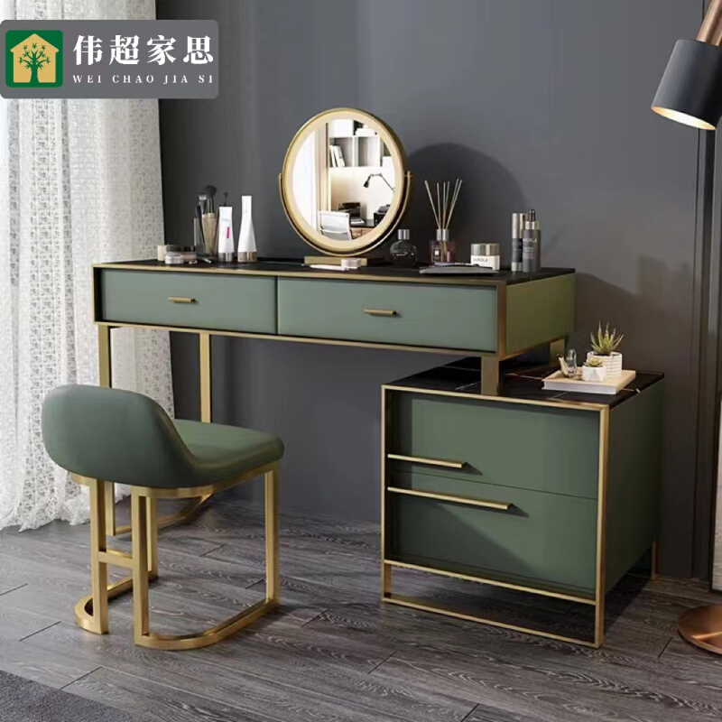 墨绿色梳妆台现代简约卧室岩板化妆台高级感小户型一体实木化妆桌