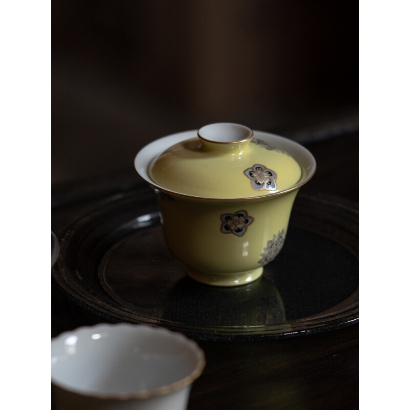 小白茶具//赋山堂盖碗缃黄藻井团纹茶碗景德镇手工手绘茶器描金边