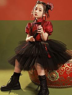 23红色女童礼服走秀中国风公主裙旗袍儿童生日宴女孩演出服两件套