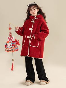 女童毛呢外套秋冬款中长款韩版洋气中大儿童加厚冬装红色呢子大衣