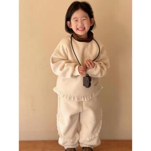 韩系女童拼花边加绒保暖卫衣卫裤冬季新品宝宝一体羊驼绒休闲套装