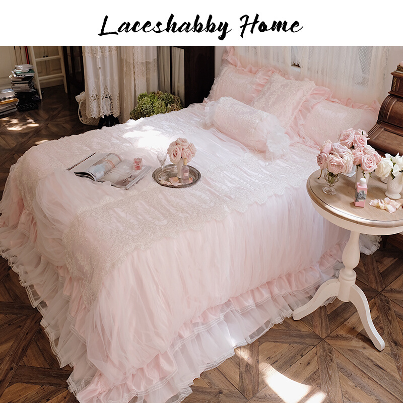 LACESHABBY新款法式复古风格粉色立体绣花蕾丝婚庆家纺床品四件套