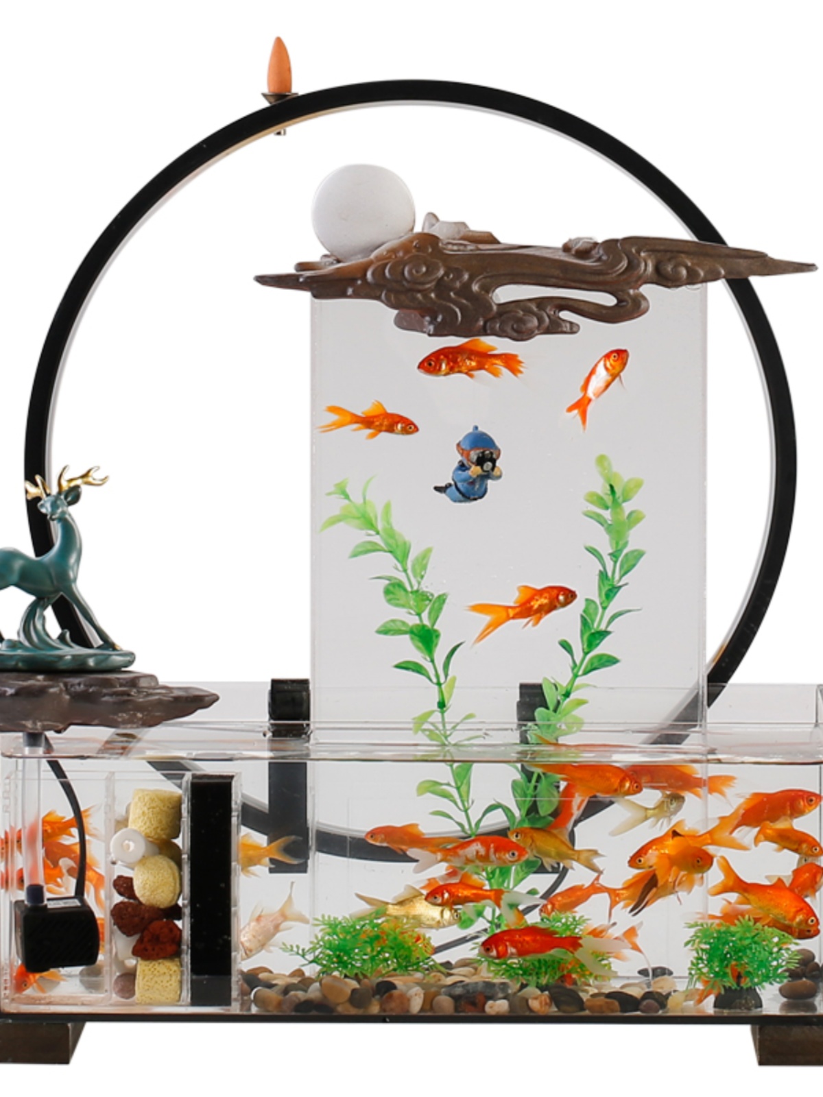 客厅小型透明玻璃鱼缸摆件家用桌面自循环流水生财喷泉造景装饰品