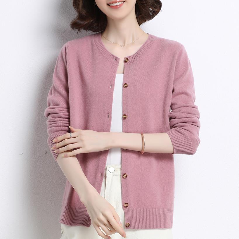 100纯羊毛衫女2020秋季新款圆领纯色针织开衫薄款简约毛衣外套潮