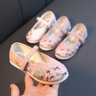 儿童帆布鞋女童汉服鞋老北京古风幼儿园小白鞋民族风表演出绣花鞋