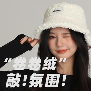 羊羔毛渔夫帽女秋冬盆帽大头围渔夫帽小边鱼夫女帽渔夫帽毛绒帽子