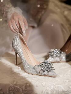 水晶婚鞋高跟鞋细跟小个子主婚纱气质蝴蝶结法式晚礼服结婚新娘鞋