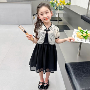 中国风女童夏季薄款短袖2024新款洋气时髦高级感女宝宝吊带裙套装