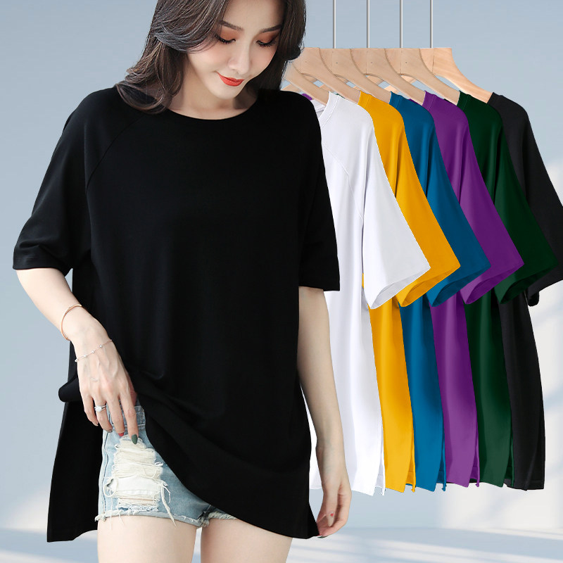 黑色下摆两侧开叉中长款宽松短袖t恤女款夏季大码纯白色大版体恤