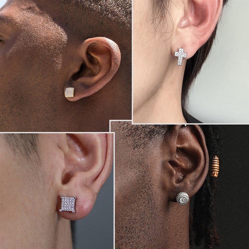 网红Rock Hip-Hop Iced Out Stud Earring for Men Male Ice Stud