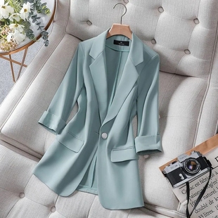 网红2022 Summer Solid Color Elegant Green Blazer Casual Thin