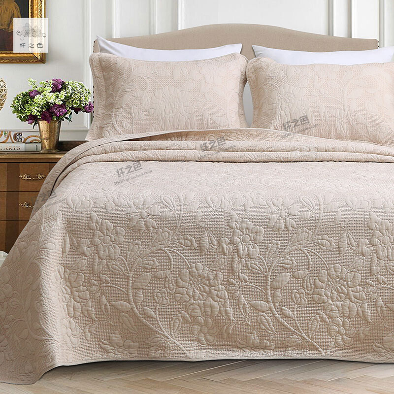 美式纯色绣花绗缝被盖夹棉床单三件套纯棉全棉床盖空调被纤之色