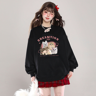 潮牌圆领卫衣薄款卫衣女2026春秋新款宽松慵懒风小个子打底上衣